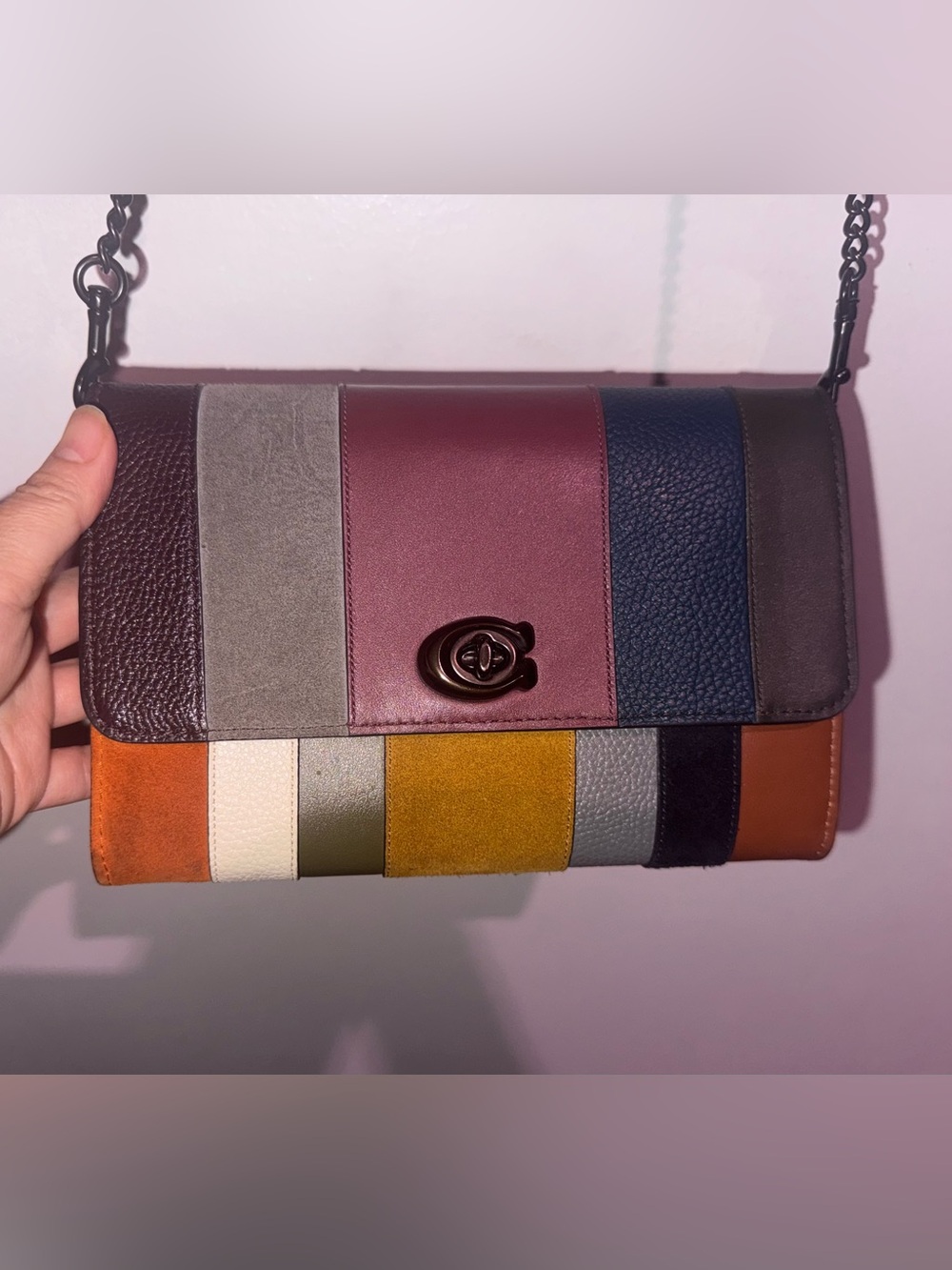 Coach Marlow Turnlock Chain Crossbody with Patchwork Stripes(Style 78061) Rare